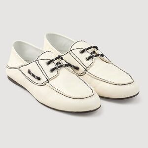 Sandro White Leather Boat Shoes with Navy Laces